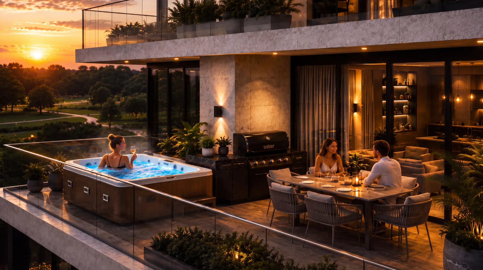 Private penthouse terrace with jacuzzi and lounge at sunset