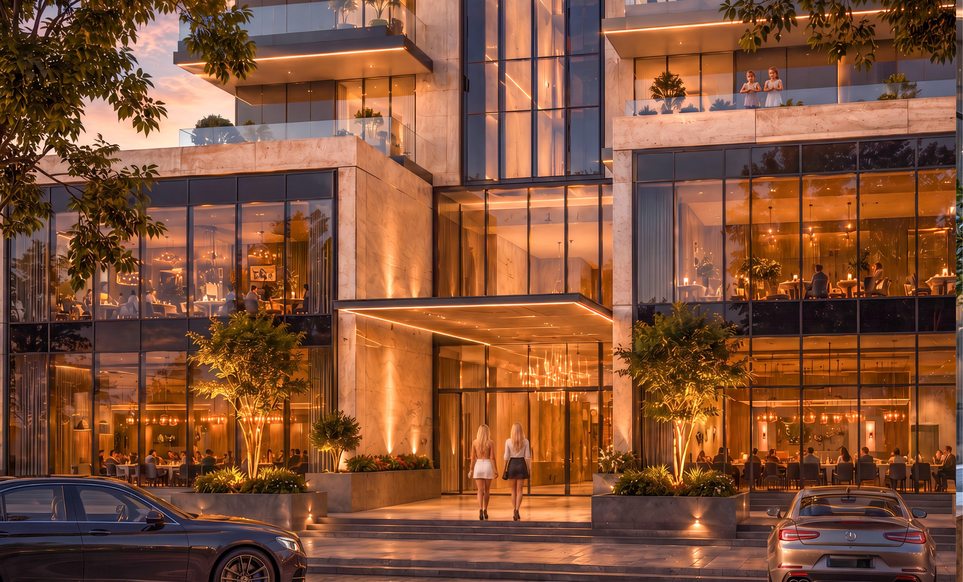 Main residential entrance at golden hour
